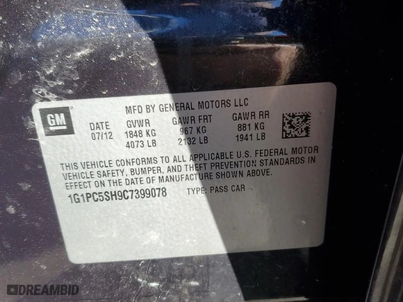 2012 Chevrolet Cruze LS with VIN 1G1PC5SH9C7399078, listed as a Copart auction lot 46671115 with 141,636 mi miles and Salvage Title. Bid and sale history available at carsss.com. Image 12.
