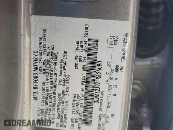 2015 Lincoln MKZ with VIN 3LN6L2J97FR625090, listed as a Copart auction lot 54340285 with 121,154 mi miles and Salvage title. Bid and sale history available at DreamBid. Image 13.