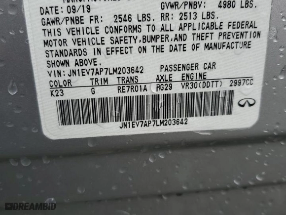 2020 Infiniti Q50 3.0t PURE with VIN JN1EV7AP7LM203642, listed as a Copart auction lot 82875694 with 55,727 mi miles and Salvage Title. Bid and sale history available at carsss.com. Image 12.