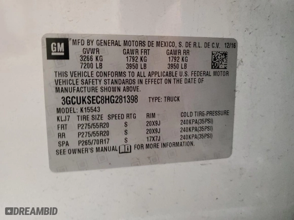 2017 Chevrolet Silverado 1500 LTZ with VIN 3GCUKSEC8HG281398, listed as a Copart auction lot 41875515 with 177,680 mi miles and Clean Title. Bid and sale history available at carsss.com. Image 12.