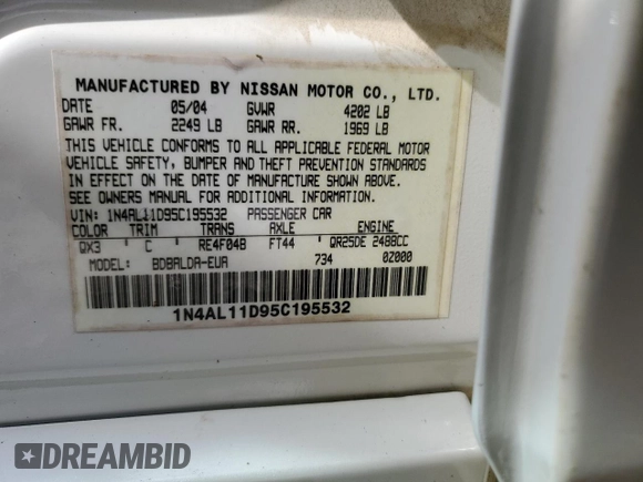 2005 Nissan Altima 2.5 with VIN 1N4AL11D95C195532, listed as a Copart auction lot 45563285 with 219,613 mi miles and Salvage Title. Bid and sale history available at carsss.com. Image 12.