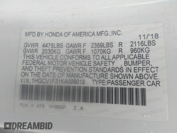 2019 Honda Accord Sport with VIN 1HGCV1F31KA009018, listed as a IAAI auction lot 38595783 with Not Provided miles and . Bid and sale history available at DreamBid. Image 9.