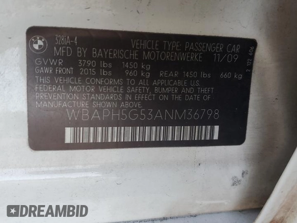 2010 BMW 3 Series 328i with VIN WBAPH5G53ANM36798, listed as a Copart auction lot 86976074 with 146,030 mi miles and Salvage Title. Bid and sale history available at DreamBid. Image 12.