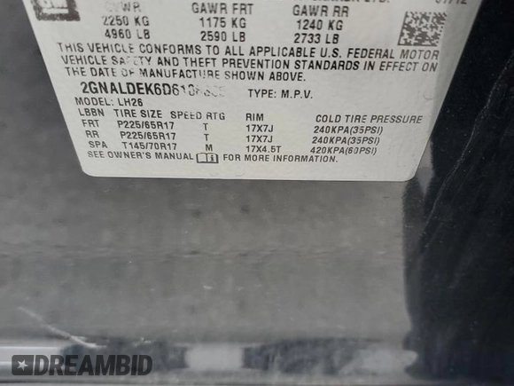 2013 Chevrolet Equinox LT with VIN 2GNALDEK6D6108365, listed as a Copart auction lot 54316365 with 167,620 mi miles and Clean Title. Bid and sale history available at DreamBid. Image 13.