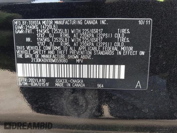 2011 Toyota RAV4 Ltd with VIN 2T3DK4DVXBW059080, listed as a IAAI auction lot 41916214 with 162,840 mi miles. Bid and sale history available at carsss.com. Image 9.
