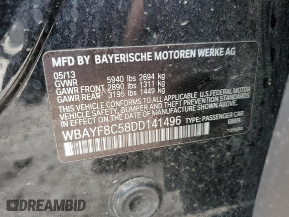 2013 BMW 7 Series 750Li xDrive с VIN WBAYF8C58DD141496, выставлен на аукционе Copart как лот 49923365 с пробегом 141 620 миль миль и Чистый • Clean title. История ставок и продаж доступна на DreamBid. Изображение 13.