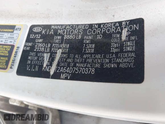 2013 Kia Soul ! with VIN KNDJT2A64D7570378, listed as a IAAI auction lot 41955532 with 214,564 mi miles. Bid and sale history available at carsss.com. Image 9.