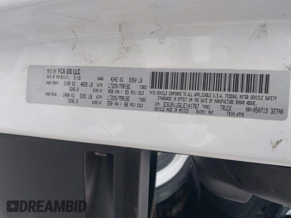 2018 Ram ProMaster Cargo with VIN 3C6URVJG6JE141767, listed as a IAAI auction lot 41533451 with 92,184 mi miles. Bid and sale history available at carsss.com. Image 9.
