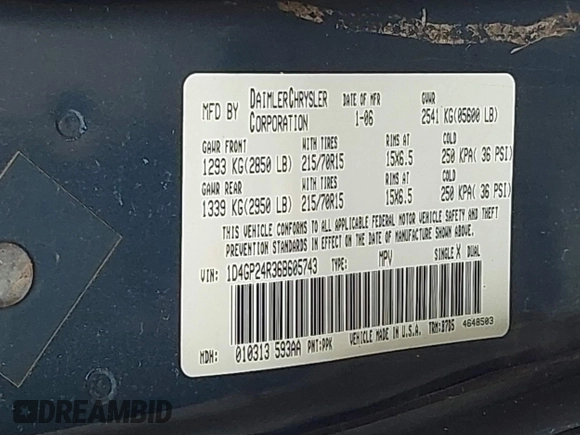 2006 Dodge Grand Caravan SE with VIN 1D4GP24R36B605743, listed as a IAAI auction lot 42068947 with 324,595 mi miles and . Bid and sale history available at DreamBid. Image 9.