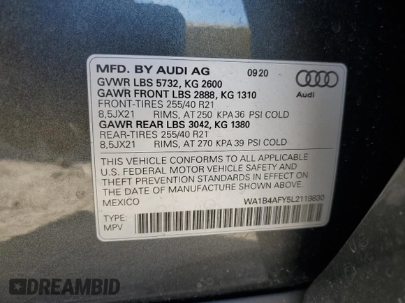 2020 Audi SQ5 Premium Plus with VIN WA1B4AFY5L2119830, listed as a Copart auction lot 44950124 with 25,527 mi miles and . Bid and sale history available at DreamBid. Image 13.