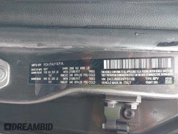 2017 Jeep Renegade Latitude with VIN ZACCJBBB3HPF61108, listed as a IAAI auction lot 39055699 with 181,598 mi miles and . Bid and sale history available at DreamBid. Image 9.