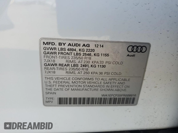 2015 Audi Q3 Premium Plus with VIN WA1EFCFS5FR008916, listed as a Copart auction lot 46449625 with 129,480 mi miles and Salvage title. Bid and sale history available at DreamBid. Image 12.