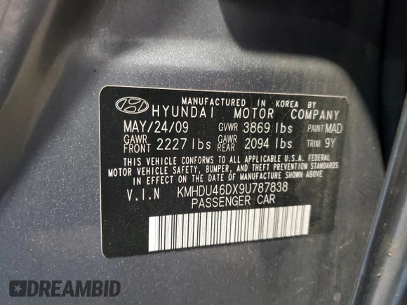 2009 Hyundai Elantra GLS with VIN KMHDU46DX9U787838, listed as a Copart auction lot 61500845 with 146,127 mi miles and Salvage title. Bid and sale history available at DreamBid. Image 13.