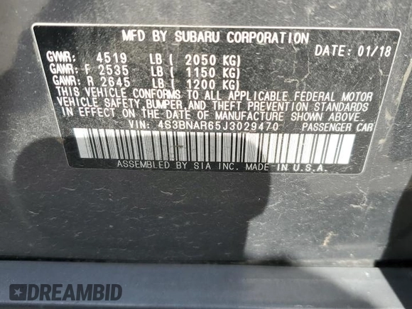 2018 Subaru Legacy Special Sports with VIN 4S3BNAR65J3029470, listed as a Copart auction lot 56472674 with 64,347 mi miles and Salvage Title. Bid and sale history available at DreamBid. Image 12.