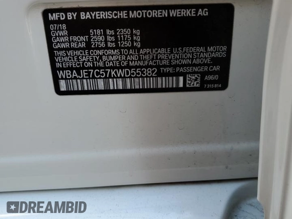 2019 BMW 5 Series 540i xDrive with VIN WBAJE7C57KWD55382, listed as a Copart auction lot 41798485 with Not Provided miles and Salvage Title. Bid and sale history available at carsss.com. Image 12.