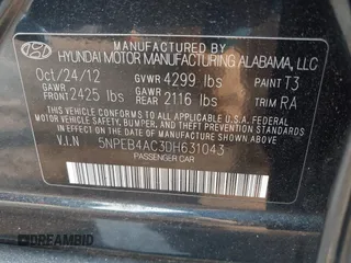 2013 Hyundai Sonata GLS with VIN 5NPEB4AC3DH631043, listed as a IAAI auction lot 42410119 with 84,578 mi miles and . Bid and sale history available at DreamBid. Image 9.