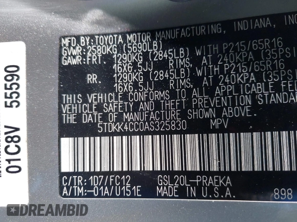 2010 Toyota Sienna CE with VIN 5TDKK4CC0AS325830, listed as a IAAI auction lot 42069942 with 135,866 mi miles and . Bid and sale history available at DreamBid. Image 9.