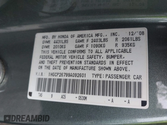 2009 Honda Accord EX z VIN 1HGCP26799A092601, wystawiony jako IAAI lot #42360755 z przebiegiem 298 069 mil mil oraz . Historia ofert i sprzedaży dostępna na DreamBid. Obrazek 9.