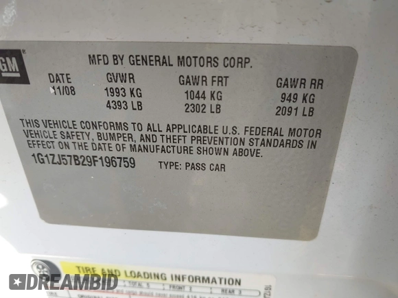 2009 Chevrolet Malibu 2LT with VIN 1G1ZJ57B29F196759, listed as a IAAI auction lot 41674214 with 89,331 mi miles and . Bid and sale history available at DreamBid. Image 9.