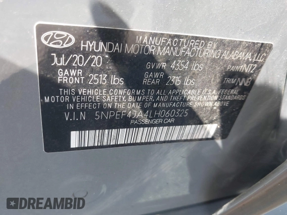 2020 Hyundai Sonata SEL z VIN 5NPEF4JA4LH060325, wystawiony jako IAAI lot #41957739 z przebiegiem 81 048 mil mil oraz . Historia ofert i sprzedaży dostępna na DreamBid. Obrazek 9.