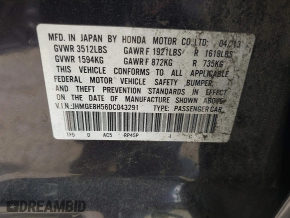 2013 Honda Fit Sport с VIN JHMGE8H56DC043291, выставлен на аукционе IAAI как лот 41870050 с пробегом 115 272 миль миль и . История ставок и продаж доступна на DreamBid. Изображение 9.