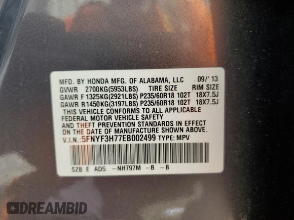 2014 Honda Pilot EX-L with VIN 5FNYF3H77EB002499, listed as a Copart auction lot 67306374 with Not Provided miles and Salvage Title. Bid and sale history available at DreamBid. Image 13.