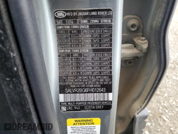 2015 Land Rover Range Rover Evoque Pure Premium z VIN SALVR2BG6FH012643, wystawiony jako Copart lot #55801455 z przebiegiem 97 386 mil mil oraz Szkoda całkowita • Salvage title. Historia ofert i sprzedaży dostępna na DreamBid. Obrazek 14.