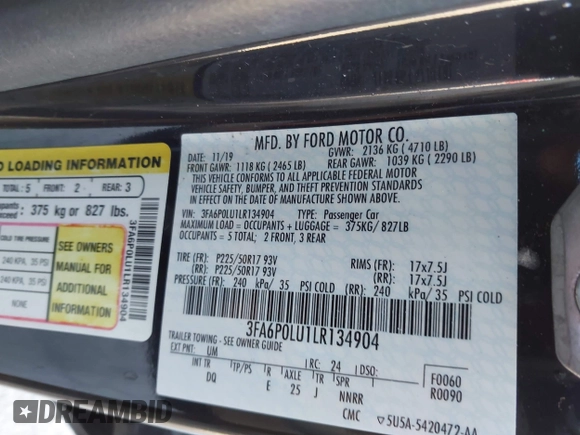 2020 Ford Fusion SE with VIN 3FA6P0LU1LR134904, listed as a IAAI auction lot 41448356 with 84,459 mi miles and . Bid and sale history available at DreamBid. Image 9.