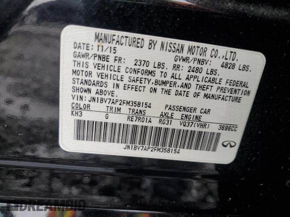 2015 Infiniti Q50 Sport with VIN JN1BV7AP2FM358154, listed as a Copart auction lot 55402455 with 154,630 mi miles and Salvage title. Bid and sale history available at DreamBid. Image 12.