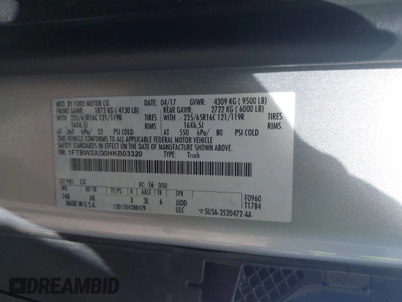 2017 Ford Transit Cargo with VIN 1FTBW3XG0HKB03320, listed as a IAAI auction lot 41706643 with 69,887 mi miles. Bid and sale history available at carsss.com. Image 9.