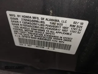 2010 Honda Pilot Touring with VIN 5FNYF4H81AB038522, listed as a IAAI auction lot 41893997 with Not Provided miles. Bid and sale history available at carsss.com. Image 9.