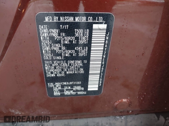 2018 Nissan Armada Platinum with VIN JN8AY2NE6J9731093, listed as a IAAI auction lot 42313252 with 125,617 mi miles and . Bid and sale history available at DreamBid. Image 9.