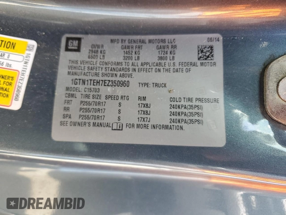 2014 GMC Sierra 1500 z VIN 1GTN1TEH7EZ350960, wystawiony jako Copart lot #49641945 z przebiegiem Nie podano mil oraz Szkoda całkowita • Salvage title. Historia ofert i sprzedaży dostępna na DreamBid. Obrazek 12.