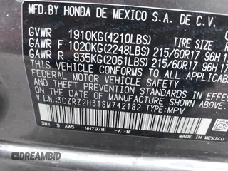 2025 Honda HR-V LX with VIN 3CZRZ2H31SM742182, listed as a IAAI auction lot 42153191 with 3,506 mi miles and . Bid and sale history available at DreamBid. Image 9.