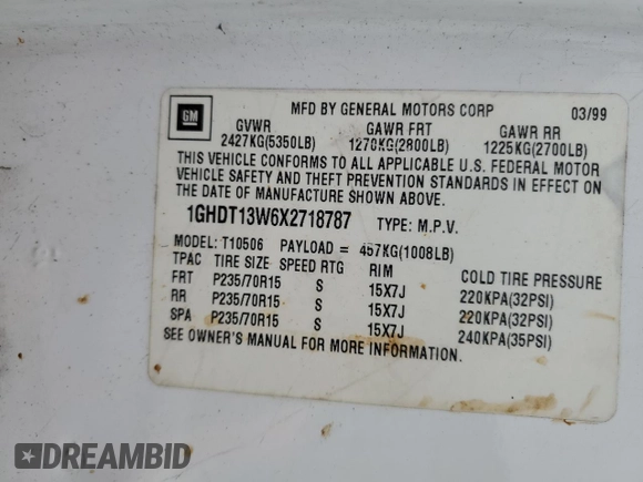 1999 Oldsmobile Bravada z VIN 1GHDT13W6X2718787, wystawiony jako Copart lot #78848404 z przebiegiem 229 665 mil mil oraz Szkody całkowita. Historia ofert i sprzedaży dostępna na DreamBid. Obrazek 13.