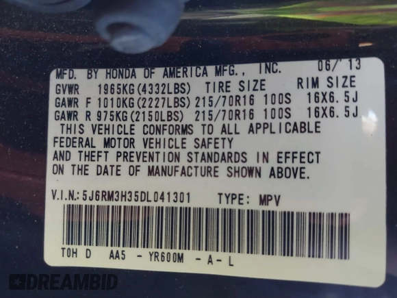 2013 Honda CR-V LX with VIN 5J6RM3H35DL041301, listed as a IAAI auction lot 41644481 with 75,439 mi miles. Bid and sale history available at carsss.com. Image 9.