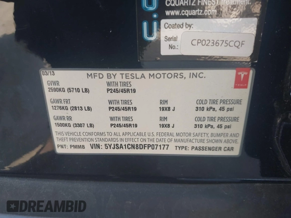 2013 Tesla Model S with VIN 5YJSA1CN8DFP07177, listed as a IAAI auction lot 42127797 with 75,227 mi miles and . Bid and sale history available at DreamBid. Image 9.