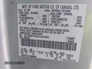 2002 Ford F-150 XL with VIN 2FTRX07242CA45481, listed as a IAAI auction lot 42097689 with Not provided miles and . Bid and sale history available at DreamBid. Image 9.