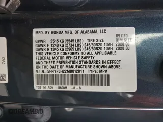 2021 Honda Pilot Special Edition with VIN 5FNYF5H22MB012811, listed as a Copart auction lot 44453855 with 25,782 mi miles and Salvage Title. Bid and sale history available at DreamBid. Image 13.
