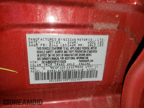 2023 Nissan Sentra SV with VIN 3N1AB8CV2PY316409, listed as a Copart auction lot 46362504 with 2,863 mi miles and Salvage Title. Bid and sale history available at carsss.com. Image 12.