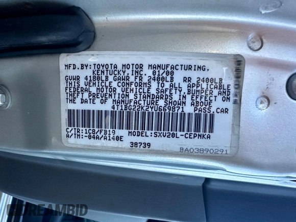 2000 Toyota Camry CE z VIN 4T1BG22K2YU669871, wystawiony jako Copart lot #57918075 z przebiegiem 164 842 mil mil oraz Czysty tytuł • Clean title. Historia ofert i sprzedaży dostępna na DreamBid. Obrazek 10.