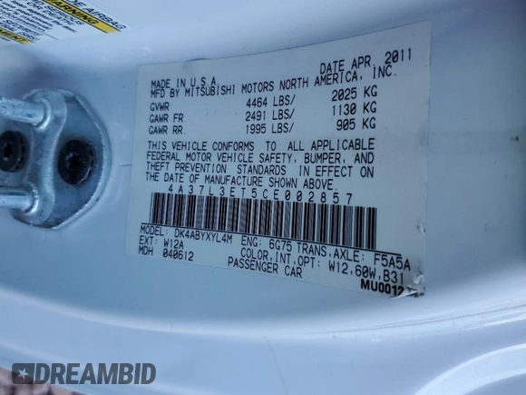 2012 Mitsubishi Eclipse GT with VIN 4A37L3ET5CE002857, listed as a Copart auction lot 48827535 with 97,772 mi miles and Salvage Title. Bid and sale history available at carsss.com. Image 14.