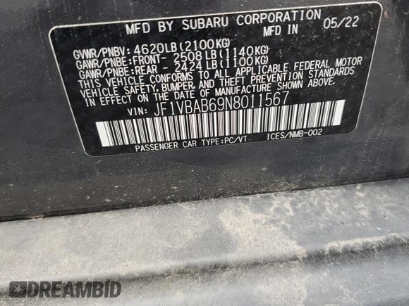 2022 Subaru WRX z VIN JF1VBAB69N8011567, wystawiony jako Copart lot #44463014 z przebiegiem 9914 mil mil oraz Tytuł czysty. Historia ofert i sprzedaży dostępna na DreamBid. Obrazek 13.