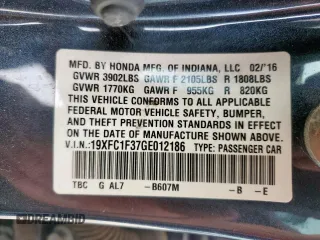 2016 Honda Civic EX-T z VIN 19XFC1F37GE012186, wystawiony jako Copart lot #51590575 z przebiegiem 121 041 mil mil oraz Szkoda całkowita • Salvage title. Historia ofert i sprzedaży dostępna na DreamBid. Obrazek 14.