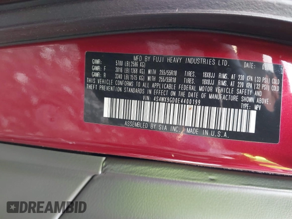 2014 Subaru Tribeca Limited with VIN 4S4WX9GD0E4400199, listed as a IAAI auction lot 41797854 with 107,203 mi miles and . Bid and sale history available at DreamBid. Image 9.