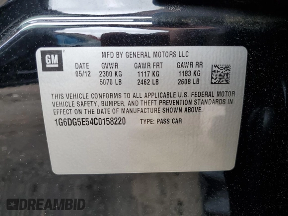 2012 Cadillac CTS Luxury with VIN 1G6DG5E54C0158220, listed as a Copart auction lot 58929735 with 107,667 mi miles and Salvage title. Bid and sale history available at DreamBid. Image 12.