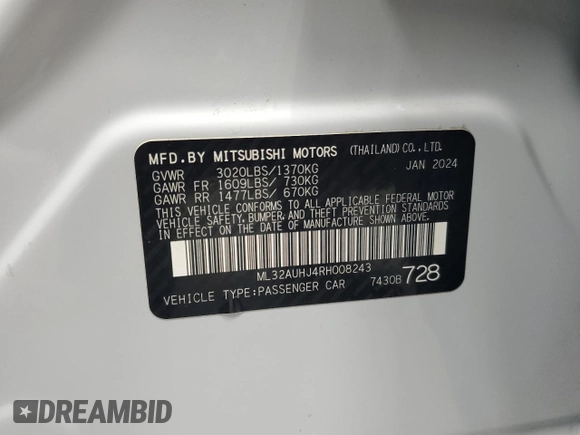 2024 Mitsubishi Mirage ES with VIN ML32AUHJ4RH008243, listed as a Copart auction lot 65278825 with 29,113 mi miles and Clean title. Bid and sale history available at DreamBid. Image 12.