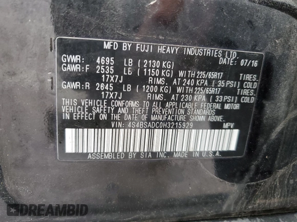 2017 Subaru Outback Premium with VIN 4S4BSADC0H3215929, listed as a Copart auction lot 57849755 with 124,221 mi miles and Salvage title. Bid and sale history available at DreamBid. Image 13.