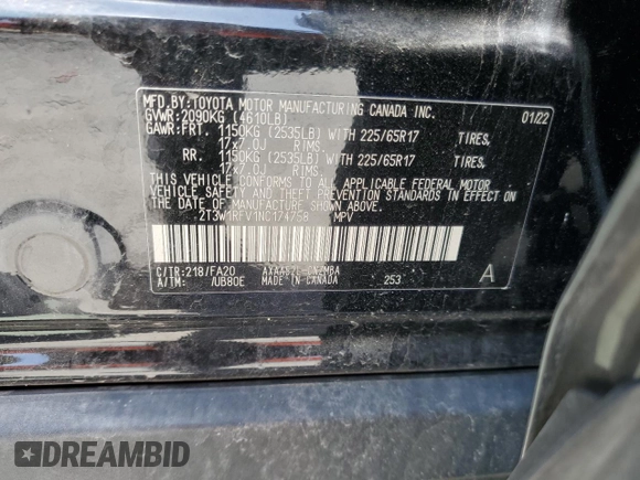 2022 Toyota RAV4 XLE with VIN 2T3W1RFV1NC174758, listed as a Copart auction lot 58006435 with 31,370 mi miles and Salvage title. Bid and sale history available at DreamBid. Image 13.