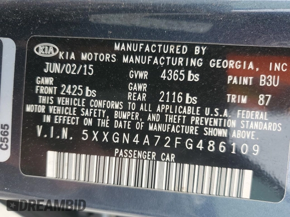 2015 Kia Optima EX with VIN 5XXGN4A72FG486109, listed as a Copart auction lot 50734465 with 106,902 mi miles and Salvage Title. Bid and sale history available at carsss.com. Image 13.
